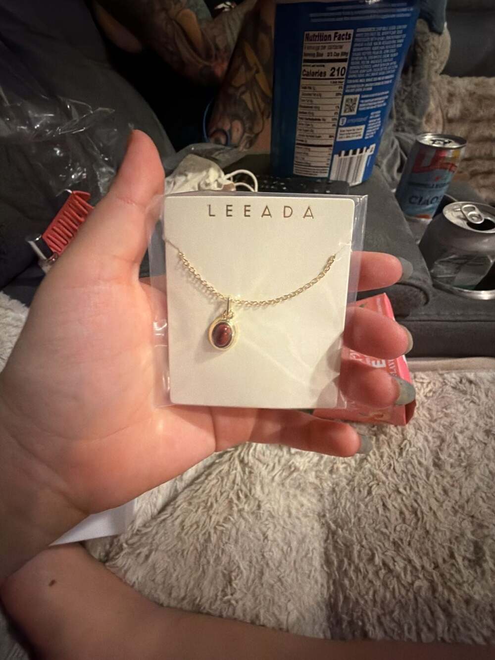 Leeada Gold Plated Red Oval Stone Pendant Necklace with Pouch